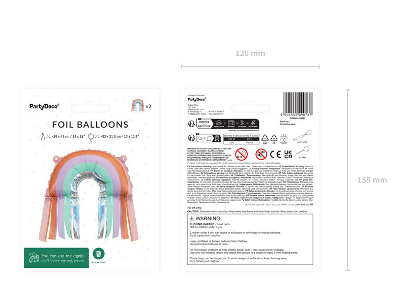 Balony foliowe Tęcza z frędzlami 38x41cm 3szt FB291 PartyDeco